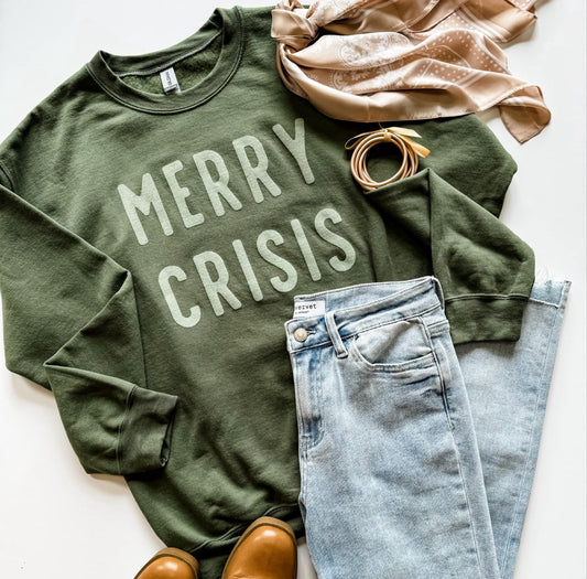 Merry Crisis Graphic Sweatshirt in Military Green