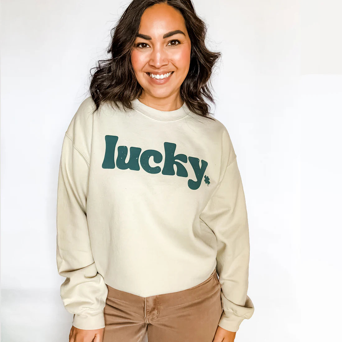 PRE-ORDER Lucky Crew Neck Graphic Sweatshirt in sand