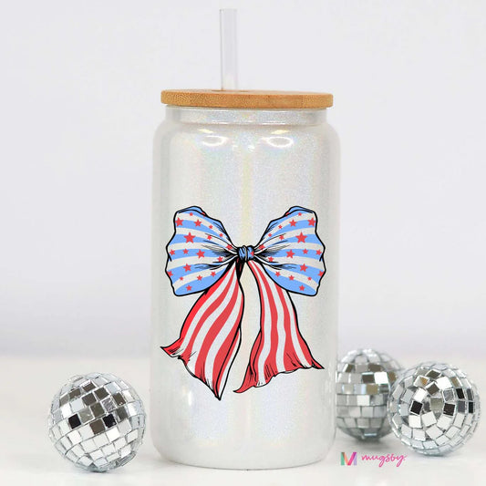 American Bow White Glitter Glass Cup