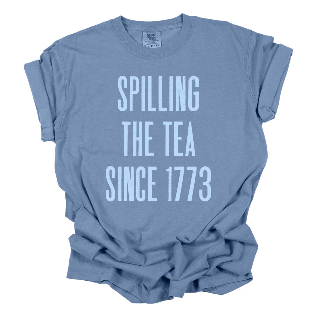L ONLY Spilling the Tea Since 1773 Graphic Tee in washed denim